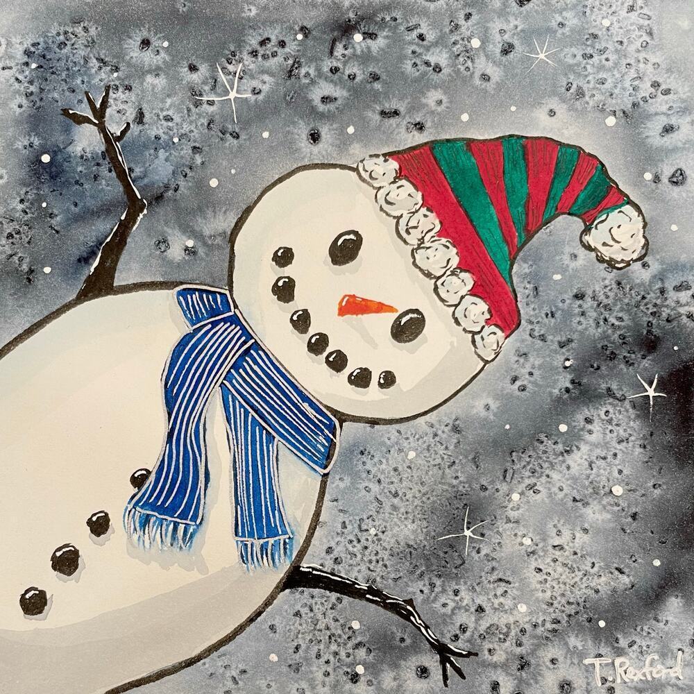 Hand painted watercolor original painting friendly snowman